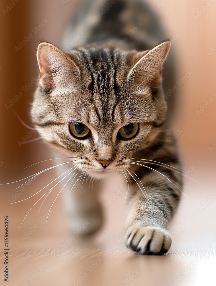 Focused tabby cat walking on wooden floor with intense gaze Focused tabby cat walking on wooden floor with intense gaze