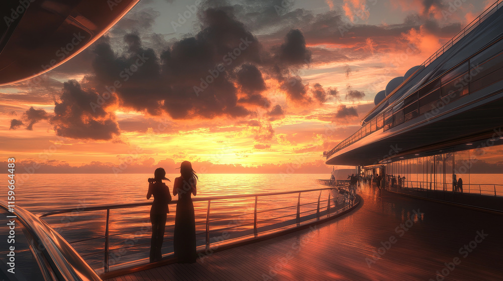Fototapeta premium Woman and photographer on cruise liner deck sunset
