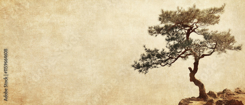 Single wind-swept pine tree on rocky ground against vintage textured beige background, minimal Japanese zen style composition. Generative AI.