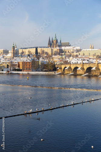 Obraz na płótnie Snowy Prague Lesser Town with Prague Castle above River Vltava, Czech republic w salonie