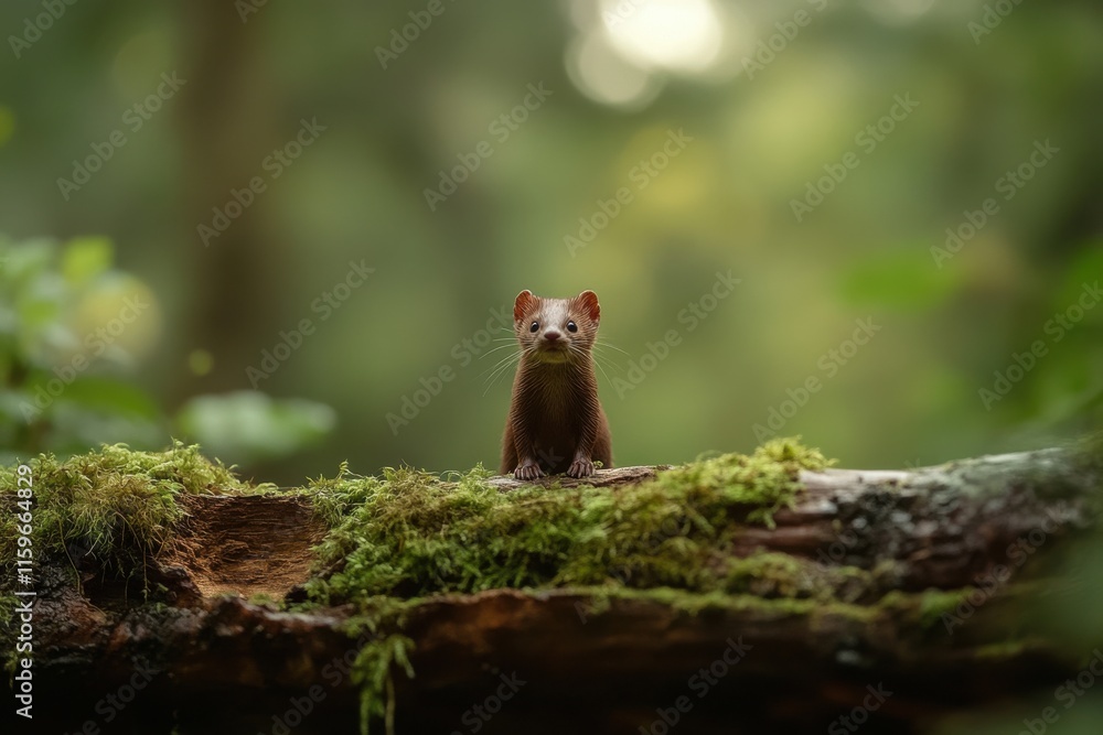 Weasel on mossy log in serene forest setting Weasel on mossy log in serene forest setting