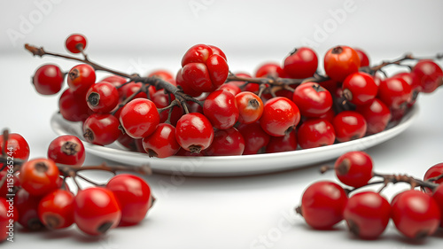 A white plate with a bunch of red berries on it photo