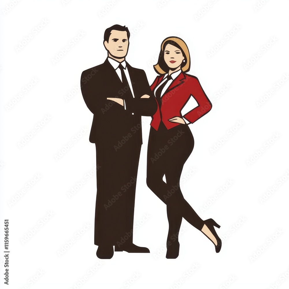 Professional business couple standing confidently with arms crossed, wearing formal attire, representing a successful partnership in a corporate environment, isolated on a plain background.