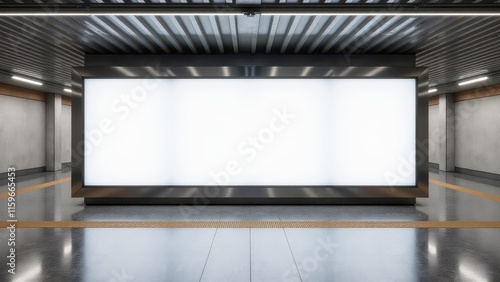 Empty advertising space in a subway station, featuring a white billboard for customized posters and promotions. photo