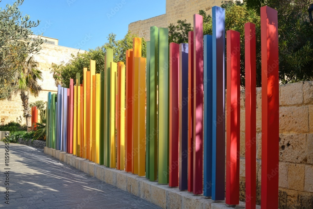 Vibrant Row of Multi-Colored Metal Fences in a Playful Park Setting in Malta Vibrant Row of Multi-Colored Metal Fences in a Playful Park Setting in Malta