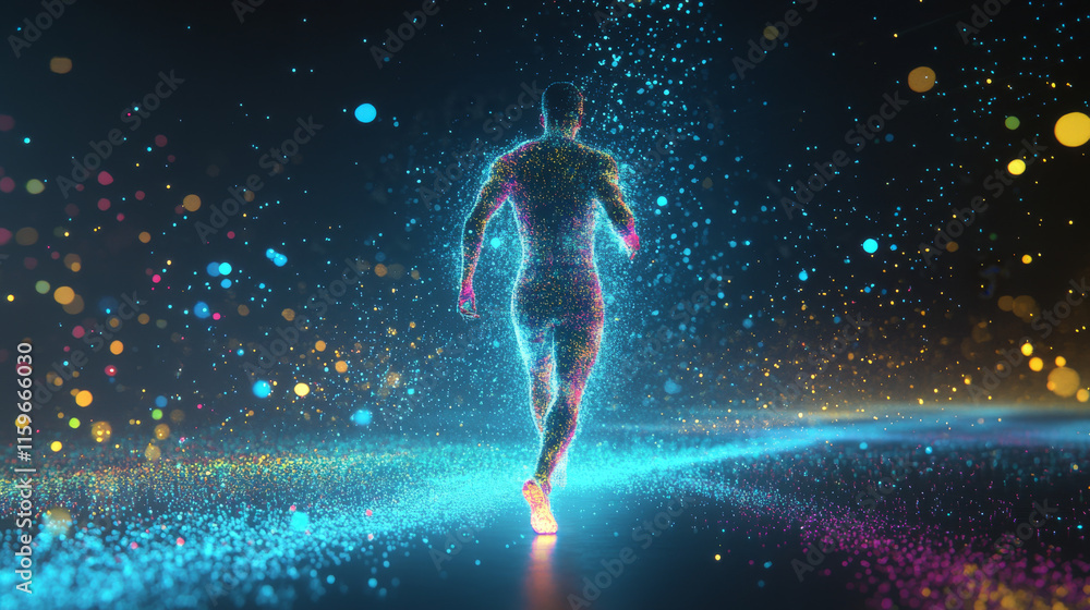 Obraz premium Hologram running. Running for health. Flickering energy flux of particles. The scientific design of the sport.