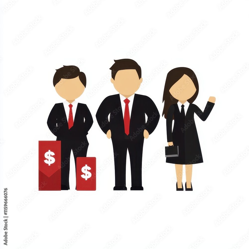 Professional Business Team Illustration Featuring Two Men in Suits and a Woman in Elegant Attire with Financial Themes Represented by Dollar Symbols Professional Business Team Illustration Featuring Two Men in Suits and a Woman in Elegant Attire with Financial Themes Represented by Dollar Symbols