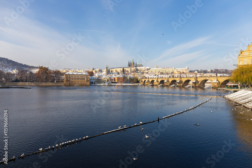 Obraz na płótnie Snowy Prague Lesser Town with Prague Castle above River Vltava, Czech republic w salonie