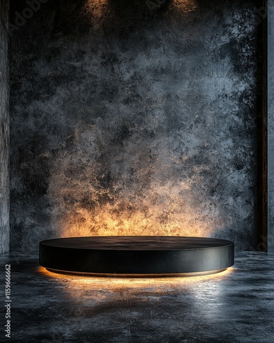 Black circular platform against dark textured wall with warm underlighting for design blogs, interior magazines, advertising materials photo