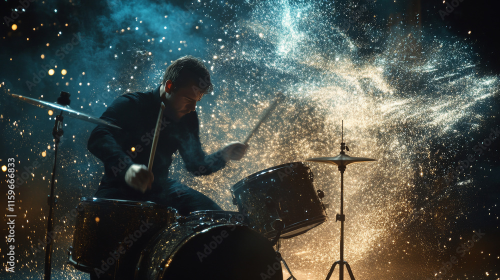Obraz premium The drummer of the particles. From drummer tears off part of the wind.