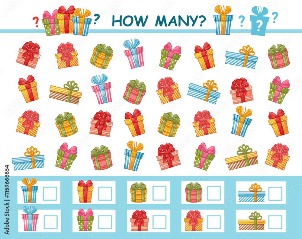 How many counting holiday present gift boxes. Children math education puzzle game. Mathematics calculation number festive cardboard surprise packaging. Kid preschool learning logical worksheet. Vector How many counting holiday present gift boxes. Children math education puzzle game. Mathematics calculation number festive cardboard surprise packaging. Kid preschool learning logical worksheet. Vector
