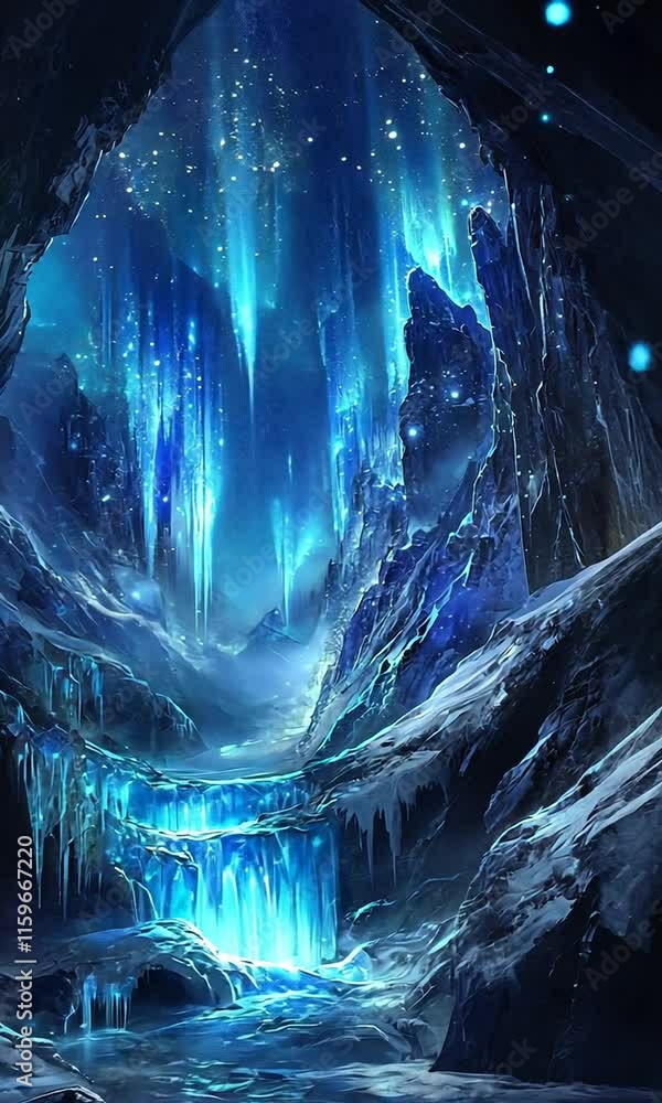 Enchanting Glacial Cave with Luminescent Waterfall and Icy Formations Enchanting Glacial Cave with Luminescent Waterfall and Icy Formations