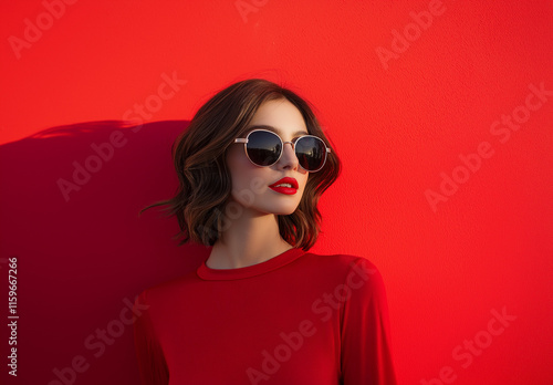 A stylish woman with short brown hair, wearing red dress and sunglasses, poses against a vibrant red backdrop. Her red lipstick complements the bold color scheme.