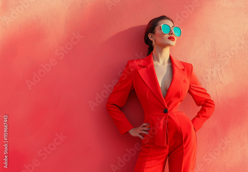A fashionable woman in a vibrant red pantsuit and stylish teal sunglasses poses against a textured red wall. She exudes confidence and modern style.
