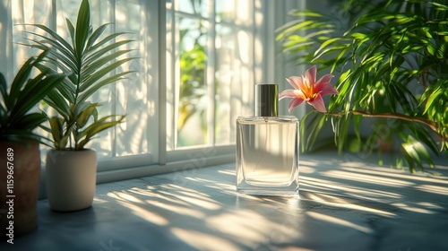 A sophisticated perfume bottle sits on a marble surface near a window, illuminated by sunlight with plants and a flower in the background. photo