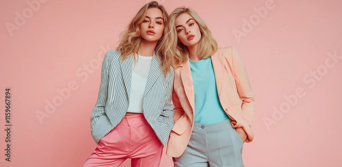 Two blonde women in matching pastel pink and blue blazers and pants pose against a pink background. They are stylish and fashionable.