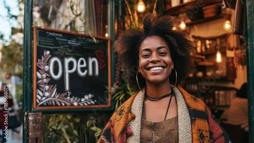 Young African American woman, the cafe owner smiles and laughs standing by the Open entrance sign, inviting atmosphere with warm lights in the background. Small local business concept, slow motion.