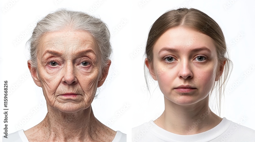 Portrait of a Mature Woman with Aging Features and a Young Woman with Smooth Skin Representing the Contrast Between Youth and Age in Contemporary Photography Portrait of a Mature Woman with Aging Features and a Young Woman with Smooth Skin Representing the Contrast Between Youth and Age in Contemporary Photography