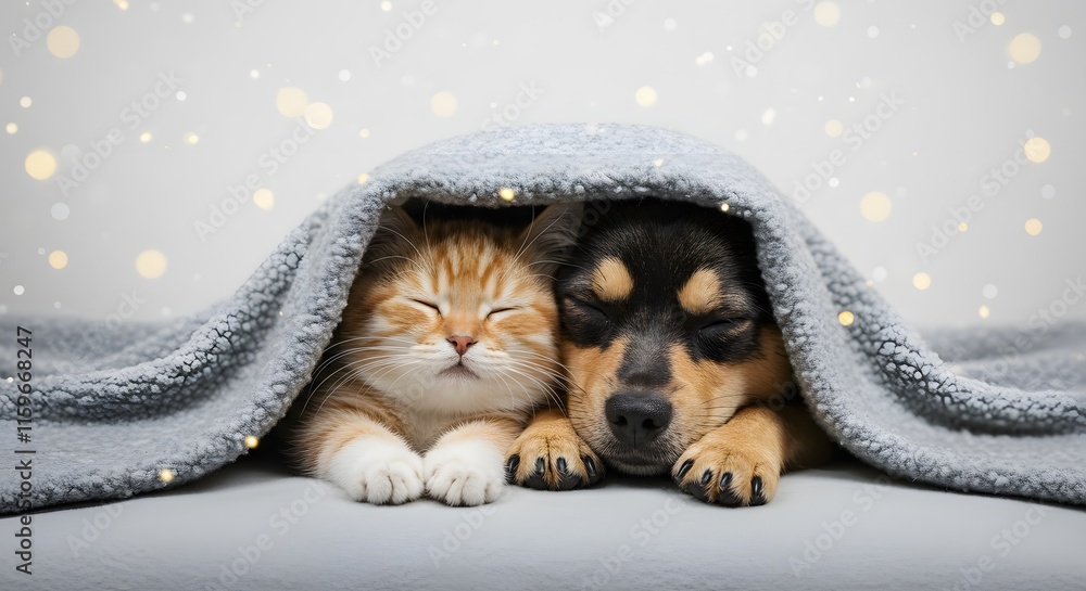 A close-up, heartwarming image shows a ginger kitten and a brown and tan puppy sleeping peacefully under a soft, textured gray blanket, on a pure white background. This high-resolution, 4K photograph