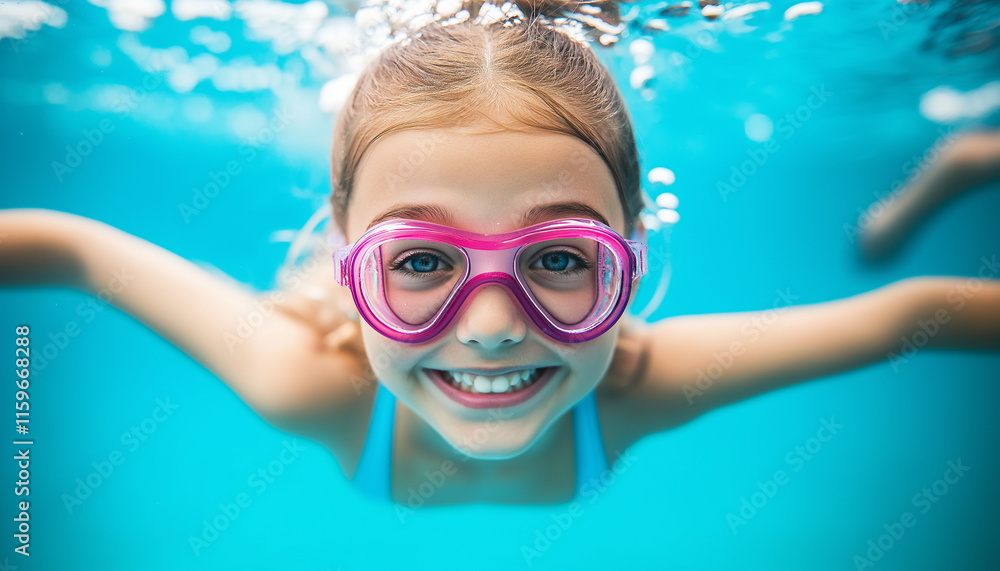 Naklejka premium A smiling girl with pink swimming goggles enjoys an underwater view in a bright blue pool. Summer fun and carefree underwater adventure.