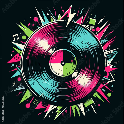 A colorful record silhouette in vibrant neon colors, vector-style with flat colors, set against an abstract grunge background, creating a bold and rebellious sticker design