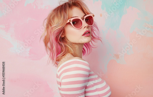 A young woman with pinkhighlighted blonde hair, wearing pink sunglasses and a pink and white striped top, poses against a pastel pink and blue background.