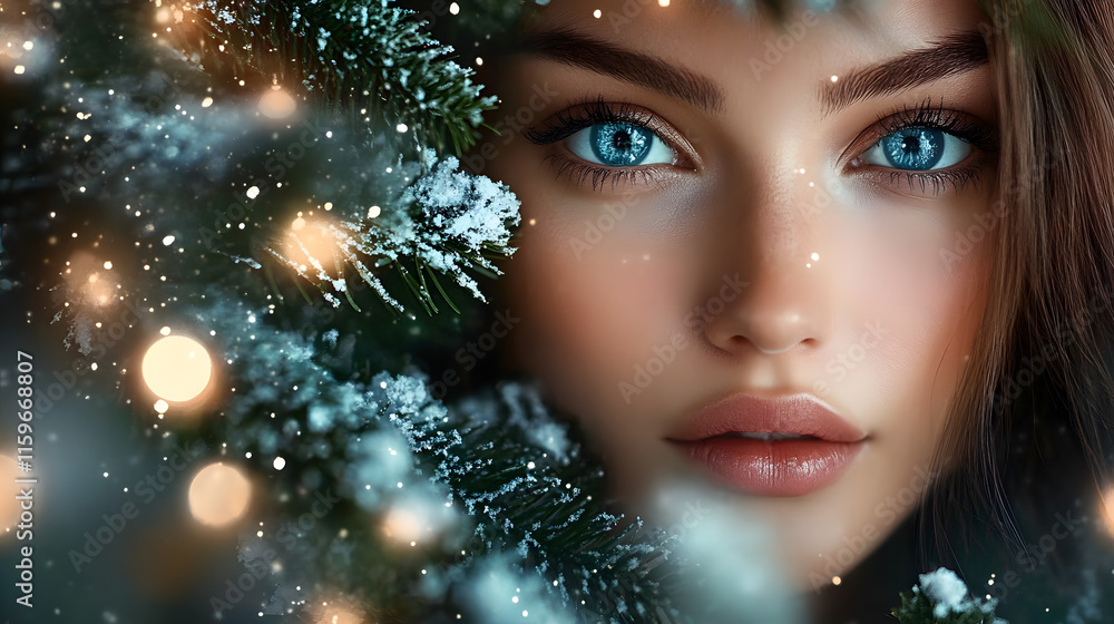 A woman's face is partially hidden behind a snow-covered evergreen branch. She has long brown hair and sparkling blue eyes. The background is blurred, suggesting festive lights. A woman's face is partially hidden behind a snow-covered evergreen branch. She has long brown hair and sparkling blue eyes. The background is blurred, suggesting festive lights.