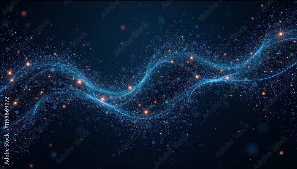 A blue wave of light with many small dots of light, creating a sense of movement and energy. The image is abstract and dynamic A blue wave of light with many small dots of light, creating a sense of movement and energy. The image is abstract and dynamic