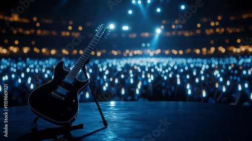 Electric guitar resting on a stand on a dramatic music concert stage illuminated by a single spotlight with an audience of lighter flames glowing in the darkness3D rendering photo