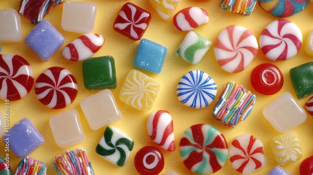 Fototapeta premium Colorful hard candies and sweets on yellow background.