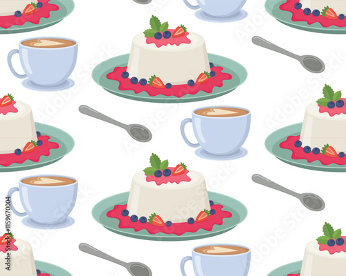 Seamless background with Italian traditional dessert panna cotta and cups of coffee latte. Pattern with hand drawn sweets and drinks