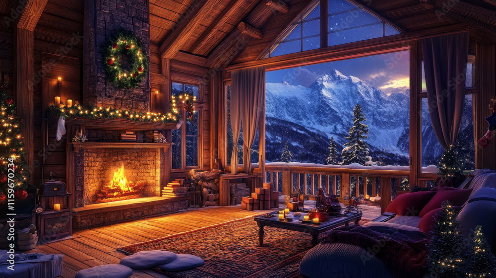Obraz premium Night winter chalet interior with fireplace and garland vector cartoon illustration. Panoramic hotel apartment living room with terrace and dark mountain view from window. Wooden cottage furniture