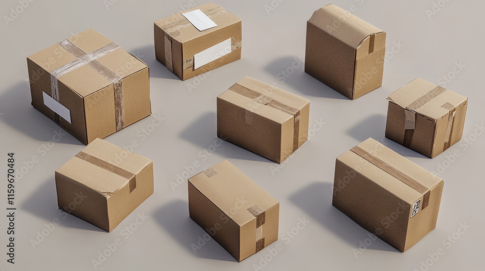 Fototapeta premium Cardboard boxes mockup, 3d vector cargo and parcel packages top, front and bottom view with tape and paper labels. Realistic carton closed packaging for goods, isolated packs for freight shipping
