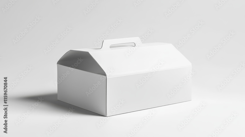 White box with handle and window package mockup. 3d blank carton design for business merchandise and presentation in web. Take away meal container to carry. Isolated food pack for advertising White box with handle and window package mockup. 3d blank carton design for business merchandise and presentation in web. Take away meal container to carry. Isolated food pack for advertising