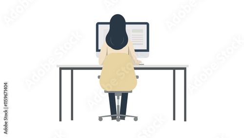 Woman sitting at a desk with a computer screen, viewed from behind	
