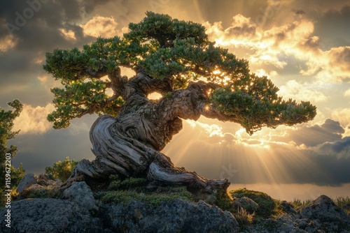 old tree shaped like a bonsai with clouds and sunrays through the foliage photo