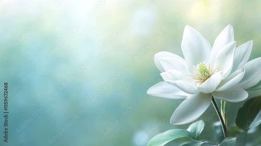 Obraz premium A Single White Flower Blooms Softly Against A Blurry Green Background