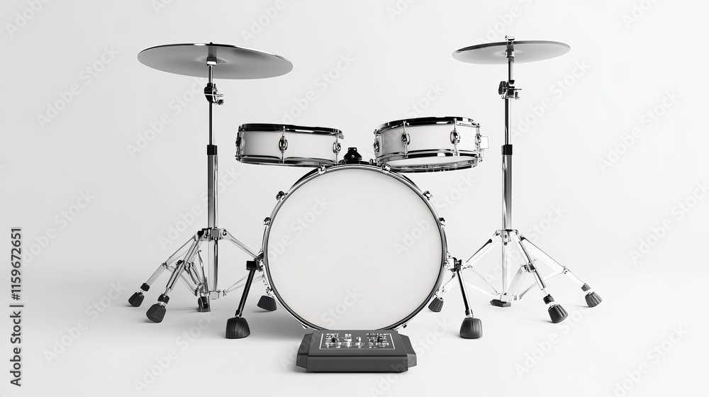 Realistic drum with a pedal placed on a white background 3D render of a percussion instrument concept