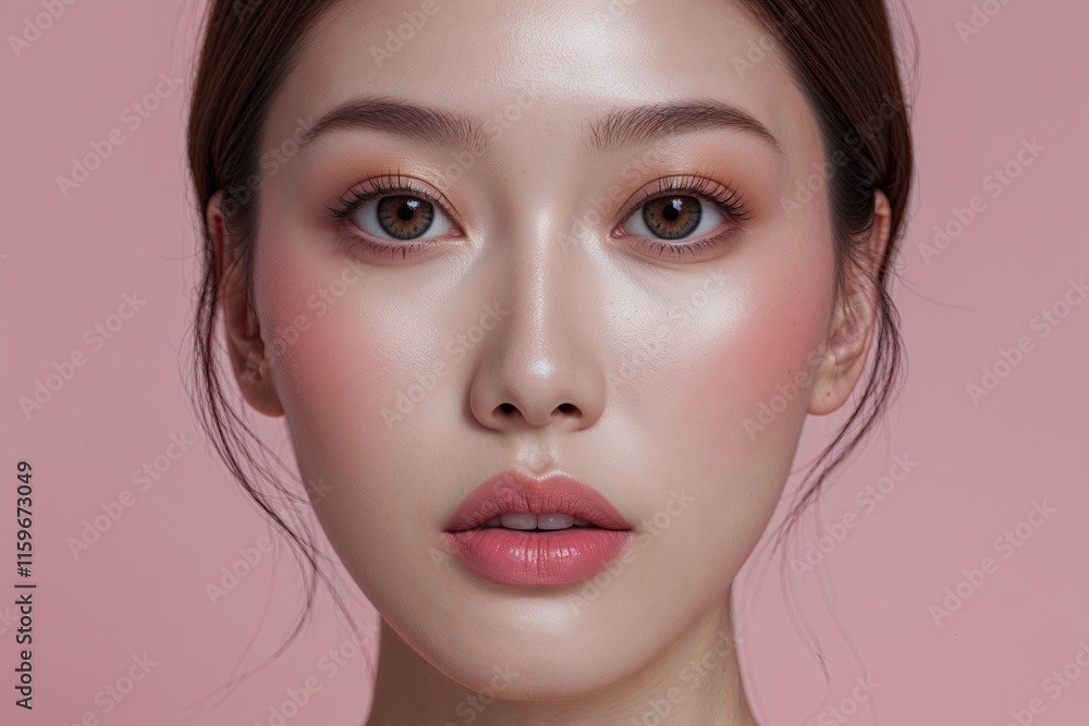 custom made wallpaper toronto digitalGorgeous Close-Up Photograph of an Asian Woman Highlighting Exquisite K-Beauty and Flawless Skin on a Pastel Pink Background