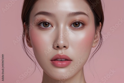Wallpaper Mural Gorgeous Close-Up Photograph of an Asian Woman Highlighting Exquisite K-Beauty and Flawless Skin on a Pastel Pink Background Torontodigital.ca
