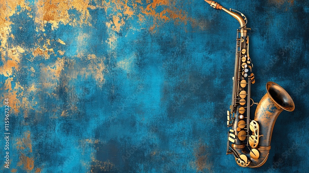 Naklejka premium Vintage saxophone on textured blue background.