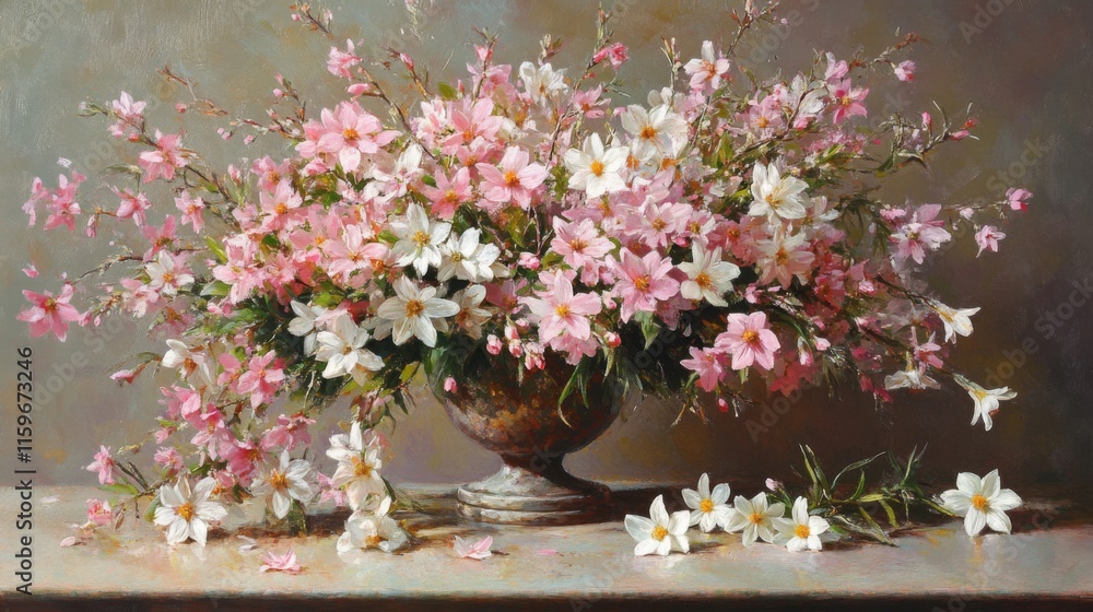 Fototapeta premium Delicate Pink And White Flowers In An Urn