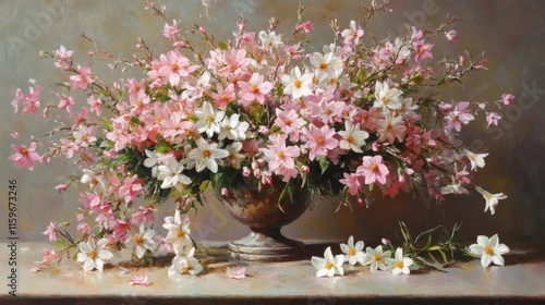 Delicate Pink And White Flowers In An Urn