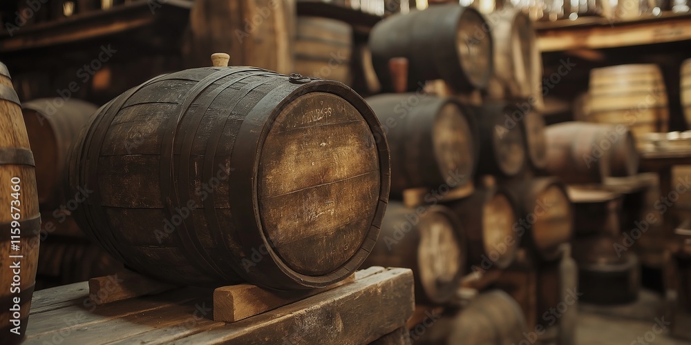 A well-worn wooden barrel resting in a storage space. A well-worn wooden barrel resting in a storage space.