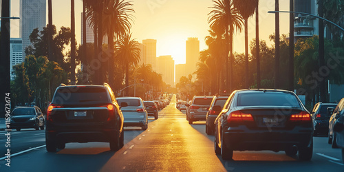 A vibrant sunset illuminates busy traffic in a stunning Los Angeles street scene. photo