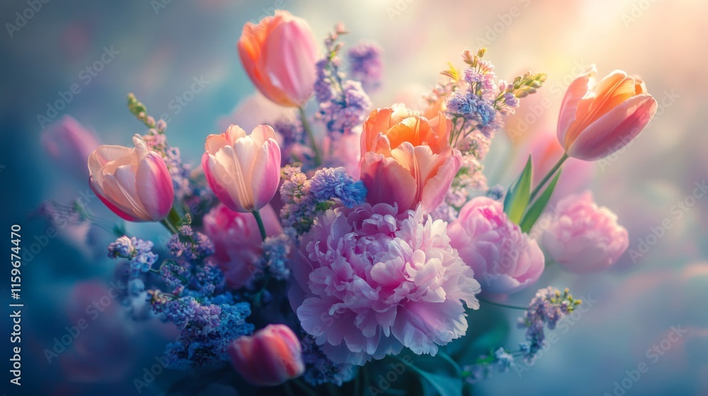 Delicate Tulips and Peonies in a Spring Bouquet Delicate Tulips and Peonies in a Spring Bouquet
