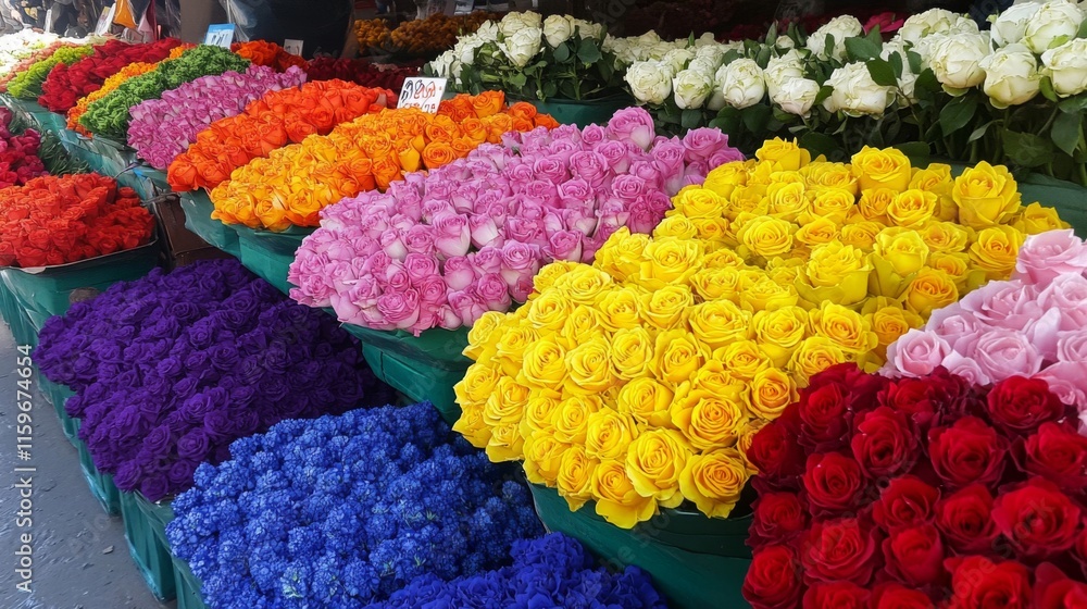 Fototapeta premium Colorful Roses Arranged In Rows At A Flower Market
