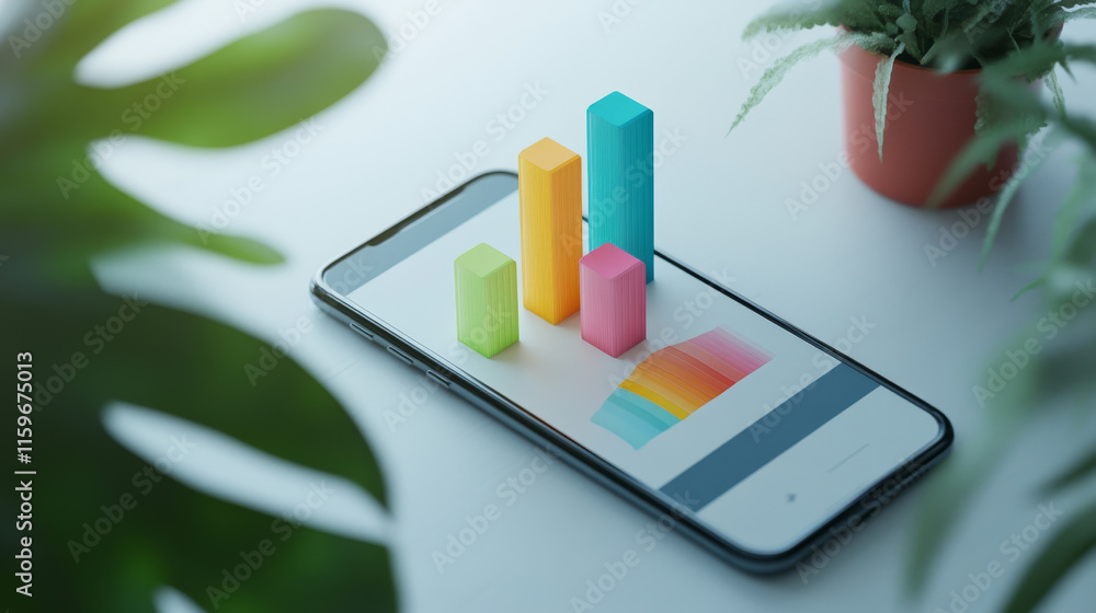 Hologram bar chart. Phone in isometric view. Hologram bar chart in isometric view. A bar chart is displayed from the phone Hologram bar chart. Phone in isometric view. Hologram bar chart in isometric view. A bar chart is displayed from the phone