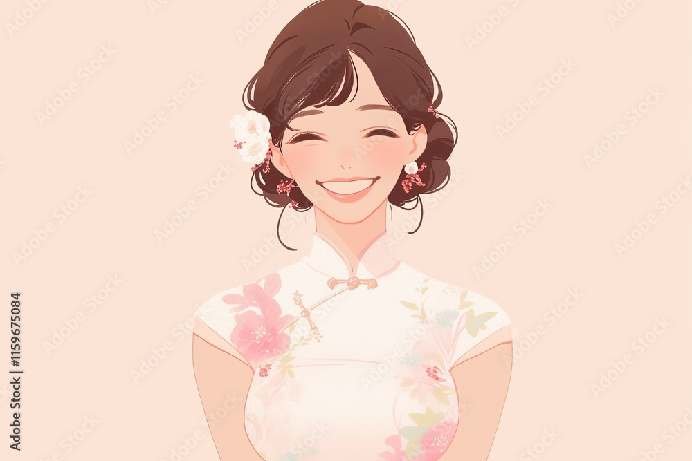 female smiling and wearing Chinese Cheongsam , pastel background, anime style, illustration