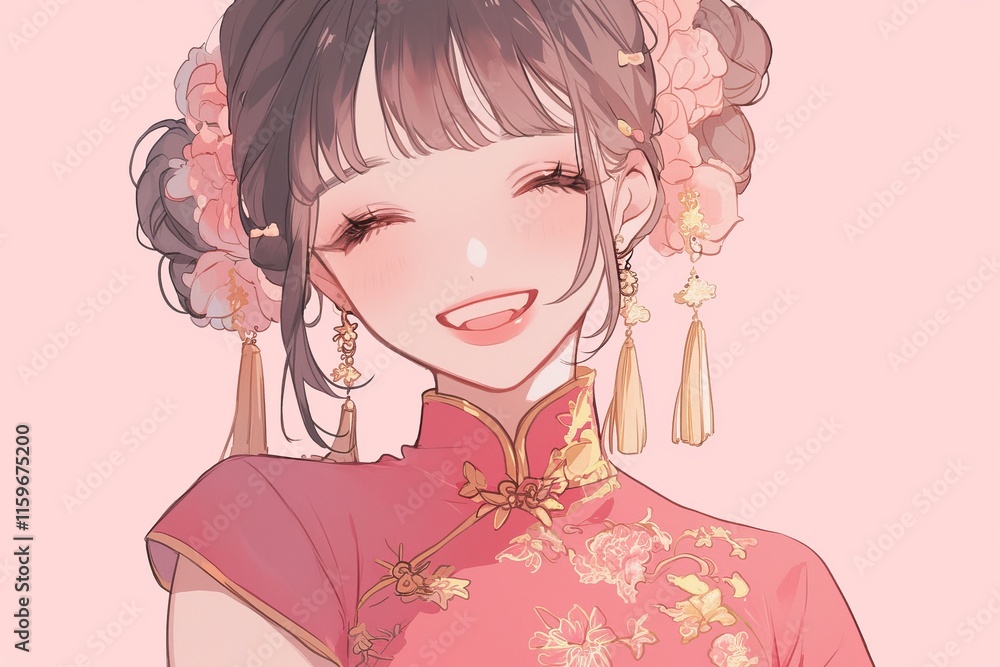 female smiling and wearing Chinese Cheongsam , pastel background, anime style, illustration female smiling and wearing Chinese Cheongsam , pastel background, anime style, illustration